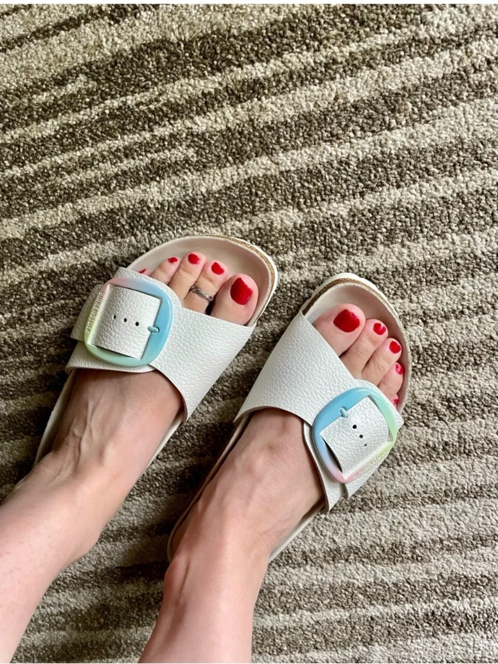 Birkenstock White Slide Sandals with Pastel Ombre Buckles - Picture 1 of 6